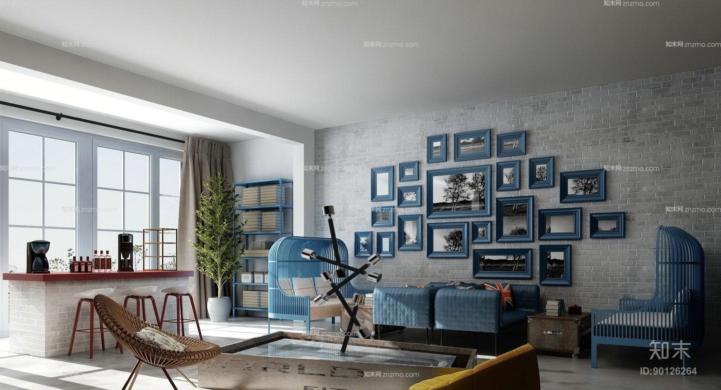 工业风蓝色单人沙发3D模型下载【ID:90126264】