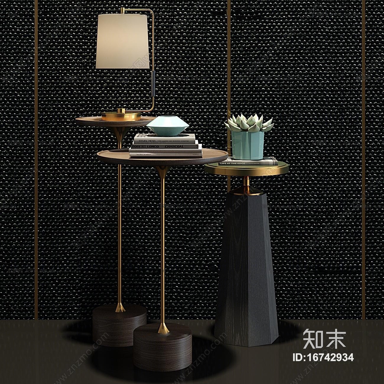 现代实木金属圆几摆件组合3D模型下载【ID:16742934】