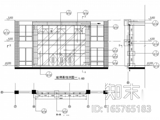 人民医院迁建工程明框玻璃幕墙施工图（玻璃雨蓬）cad施工图下载【ID:165765183】