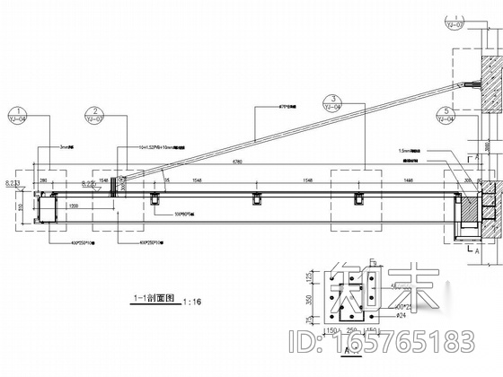 人民医院迁建工程明框玻璃幕墙施工图（玻璃雨蓬）cad施工图下载【ID:165765183】