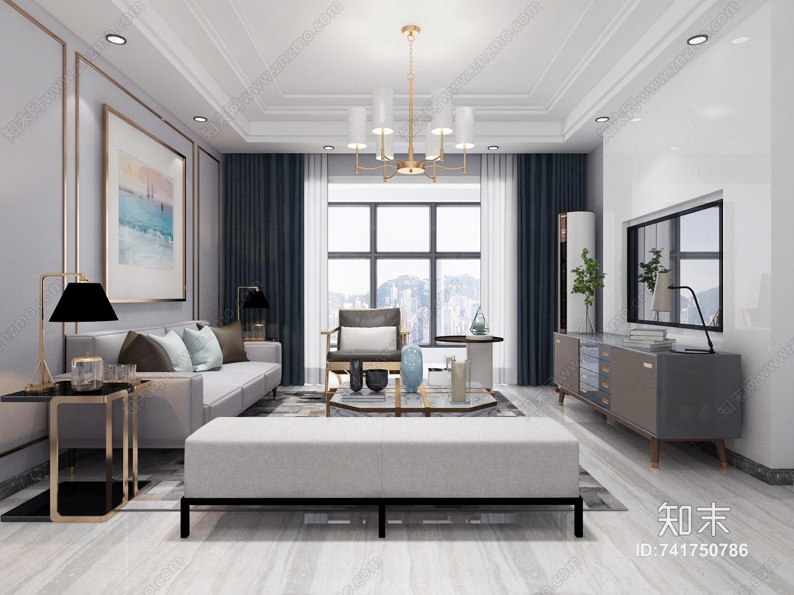 后现代客厅吊灯窗帘3D模型下载【ID:741750786】