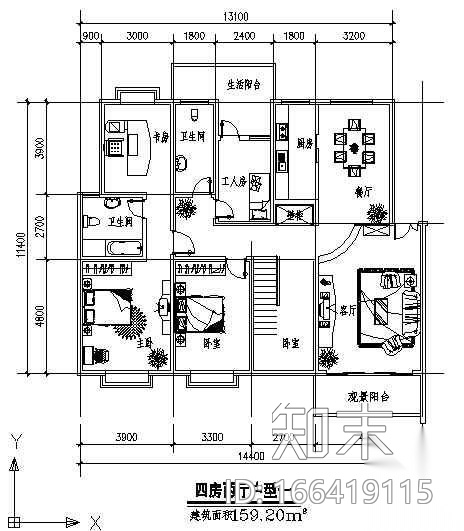 四室两厅户型图cad施工图下载【ID:166419115】