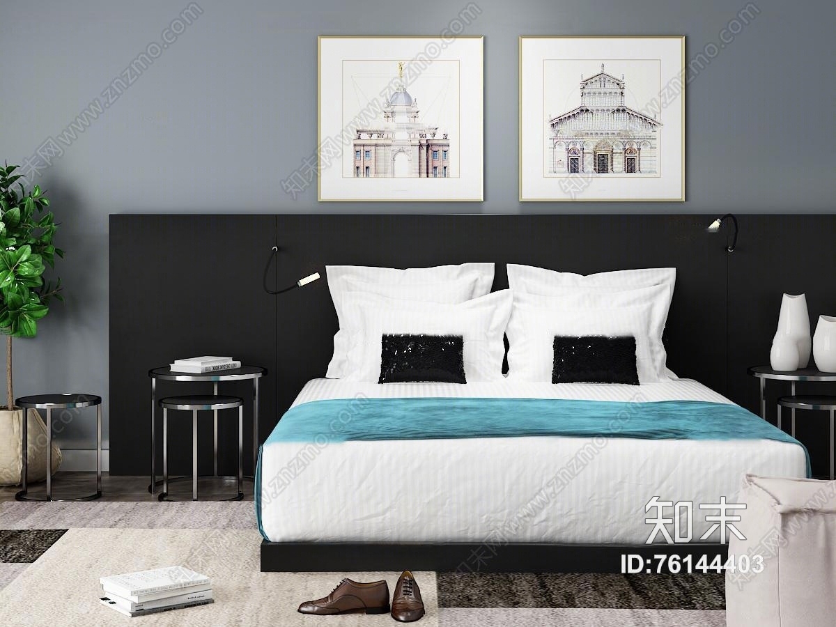 现代双人床3D模型下载【ID:76144403】