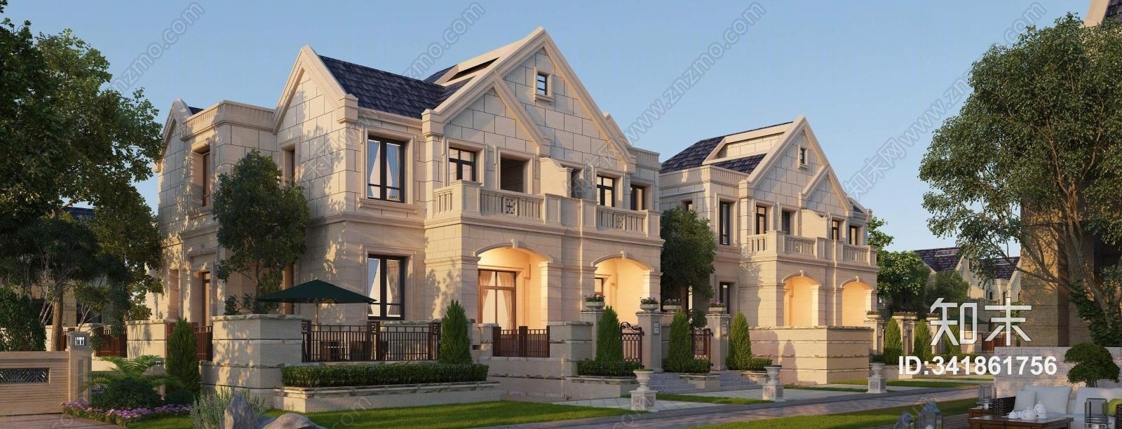 欧式双拼别墅建筑外观3D模型下载【ID:341861756】