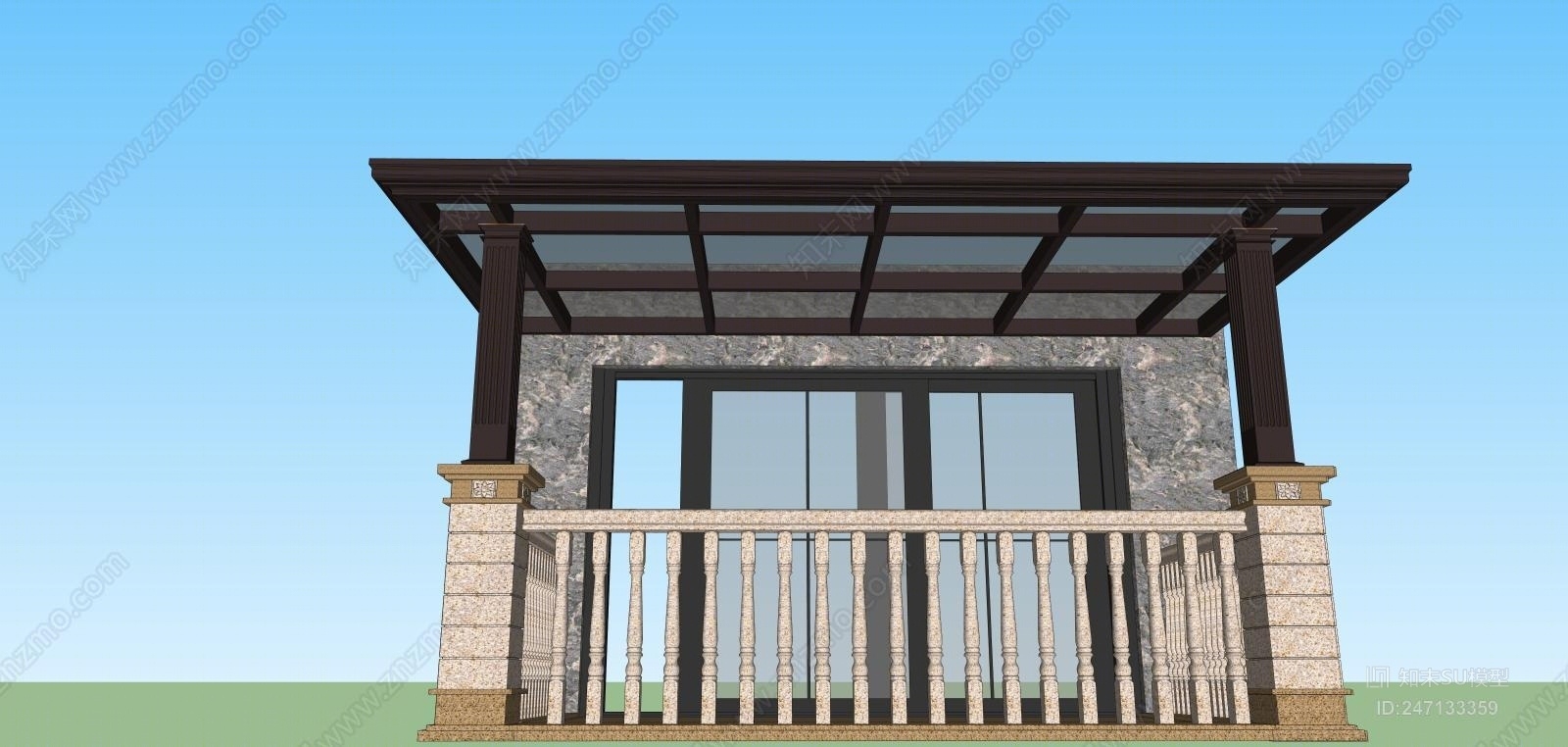 现代自建别墅露台棚SU模型下载【ID:247133359】