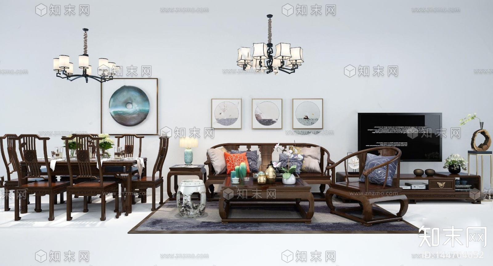 新中式沙发茶几餐桌椅电视柜组合3D模型下载【ID:144704052】
