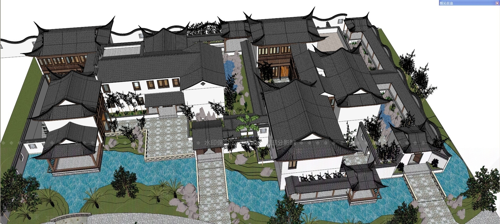 苏式园林别墅合院设计SU模型下载【ID:174390182】