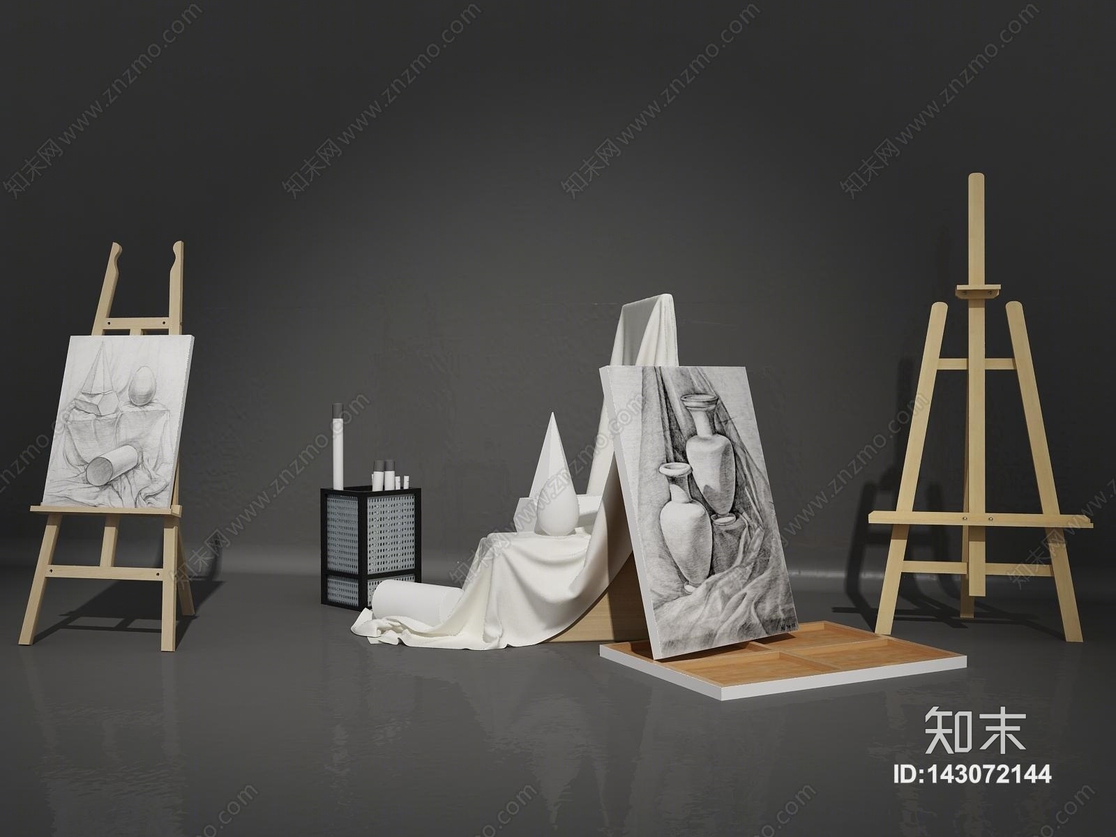 现代美术绘画用品组合3D模型下载【ID:143072144】