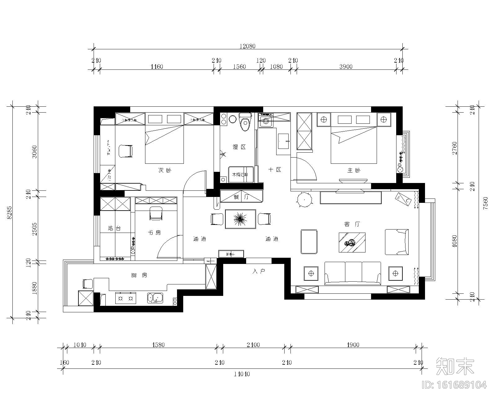 [福建]96平米小型地知名地产风格三居室施工图设计（附效...施工图下载【ID:161689104】