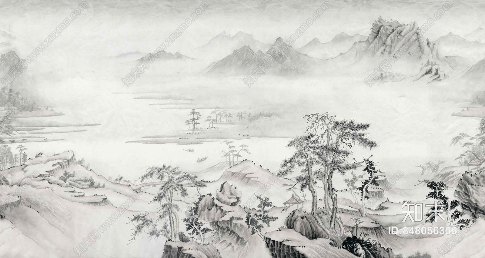 中式壁纸山水画贴图下载【ID:848056355】