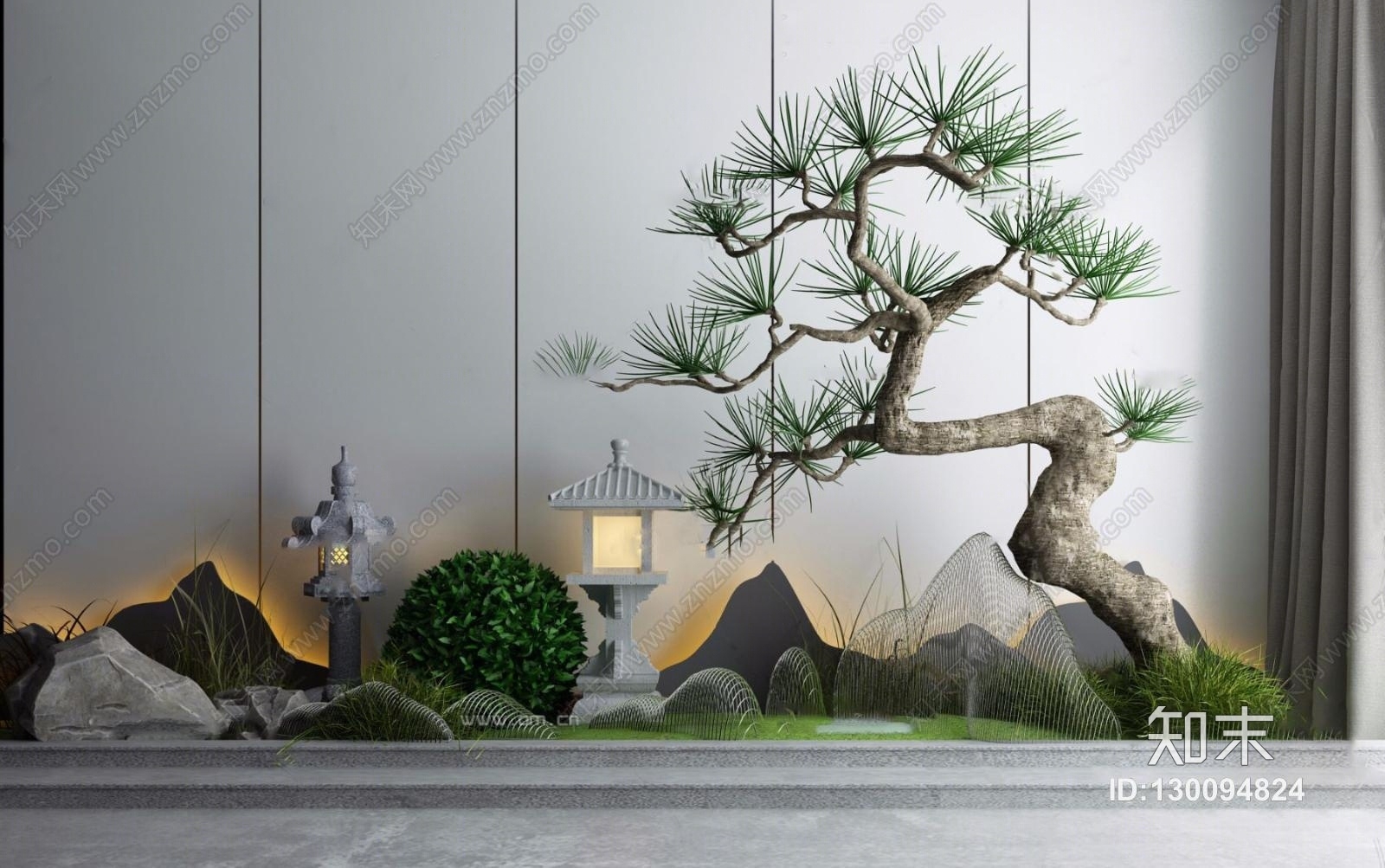新中式松树枯山水石景观小品3D模型下载【ID:130094824】