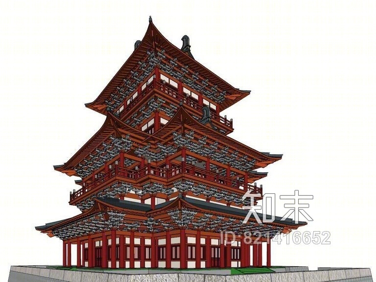 汉唐风阁楼SU模型下载【ID:821416652】