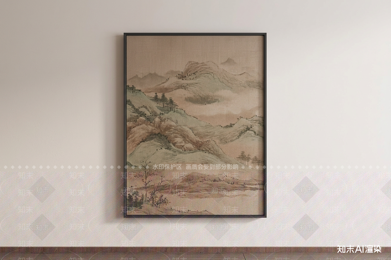 新中式山水画3D模型渲染效果图