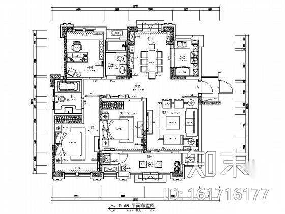 [安徽]奢派港湾小区简欧三居室样板房装修施工图cad施工图下载【ID:161716177】