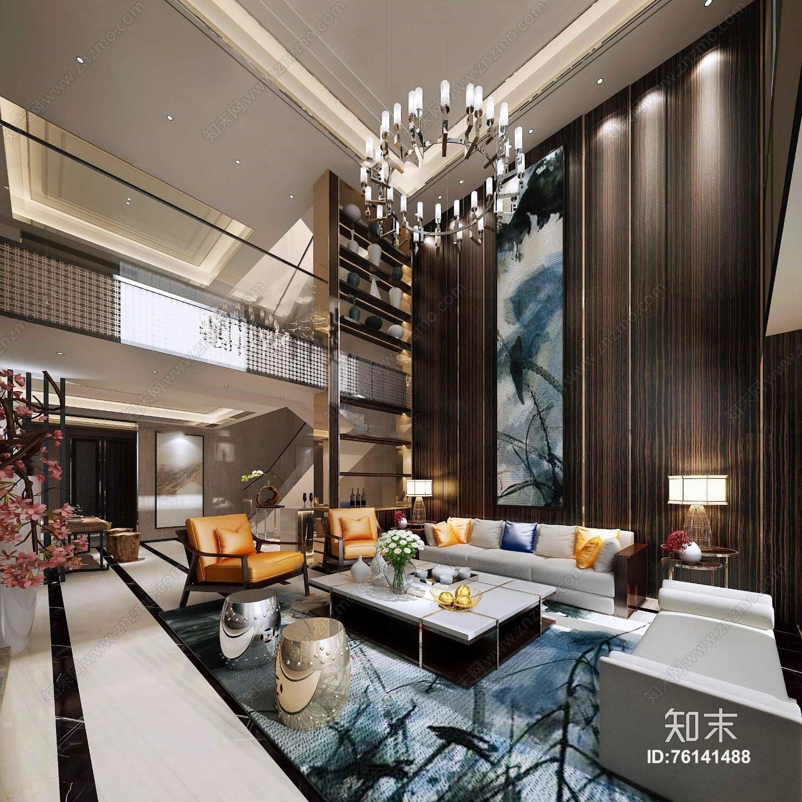 新中式别墅客厅3D模型下载【ID:76141488】