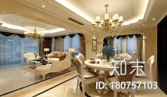 [广州]欧式靓丽大气样板房施工图（含效果图）cad施工图下载【ID:180757103】