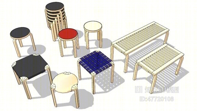 凳子茶几组合SU模型下载【ID:47720108】