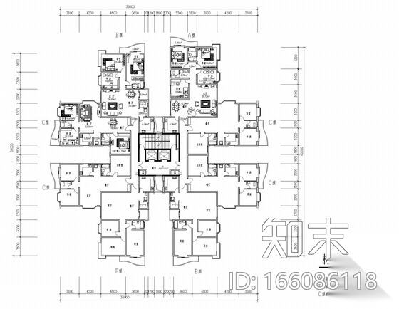 塔式高层一梯八户户型图(158/158/139/139/118/118/118/...施工图下载【ID:166086118】