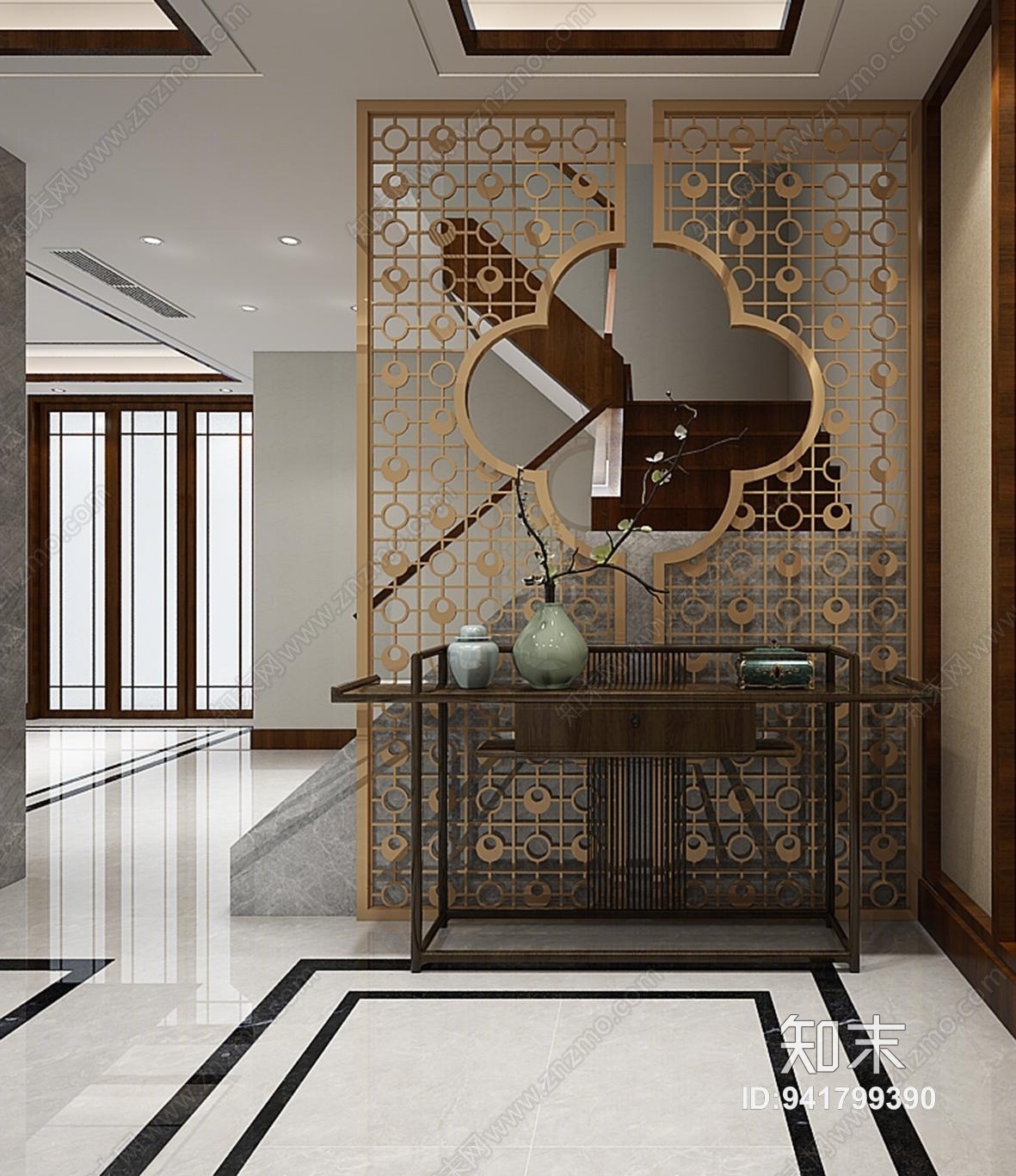 新古典门厅金属隔断端景柜3D模型下载【ID:941799390】