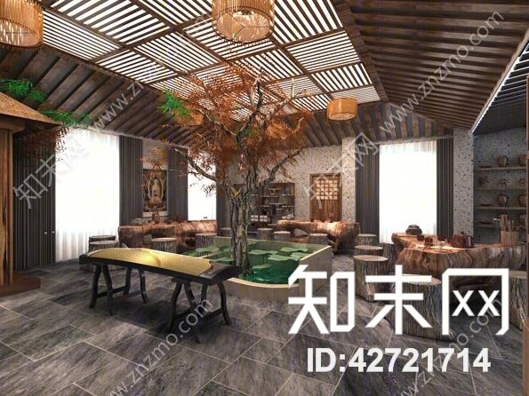 新中式原木色茶馆3D模型下载【ID:42721714】