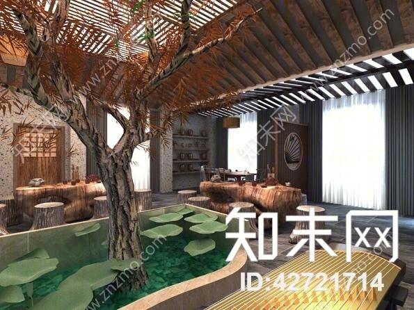 新中式原木色茶馆3D模型下载【ID:42721714】