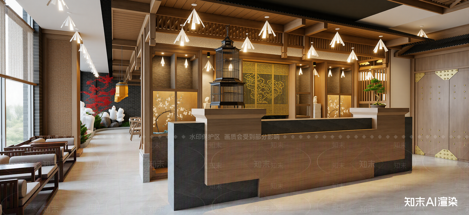 新中式民宿大堂SU模型下载【ID:1222124891】
