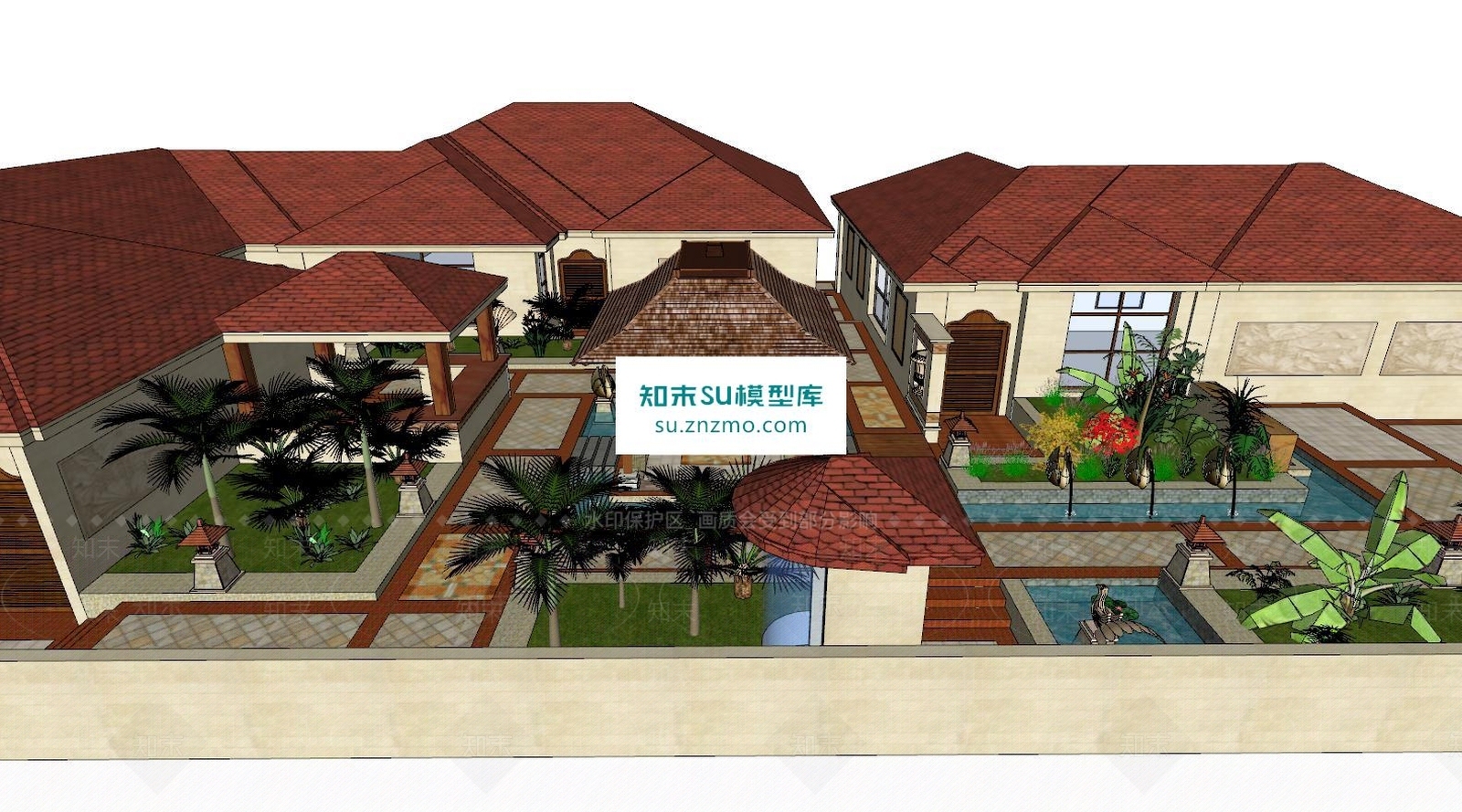 新中式住宅流水庭院SU模型下载【ID:166384118】