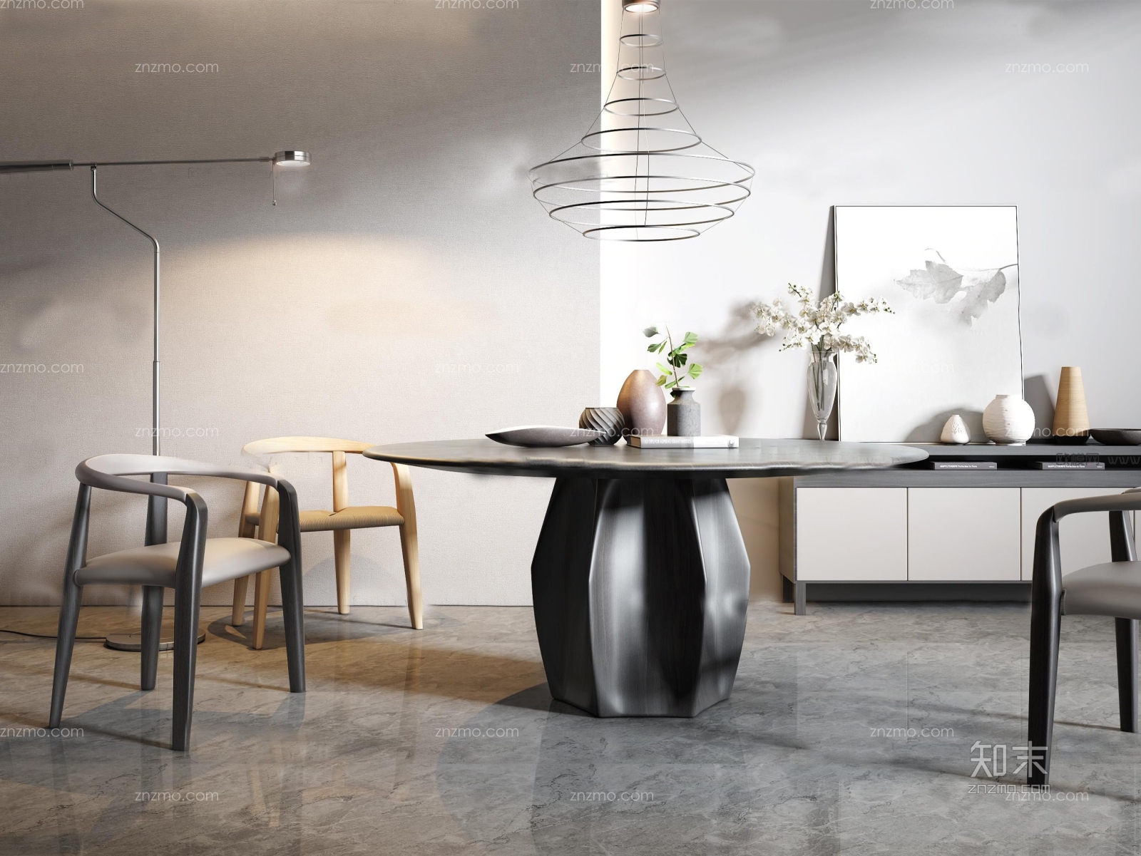 现代高级灰餐桌餐椅边柜组合3D模型下载【ID:35206946】