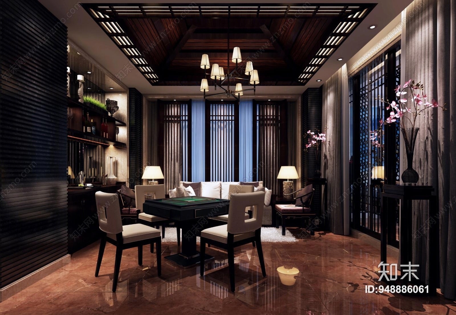 新中式休闲娱乐室麻将室3D模型下载【ID:948886061】