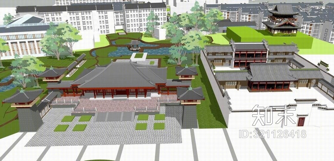汉唐风庙宇+中式多层住宅SU模型下载【ID:321126418】