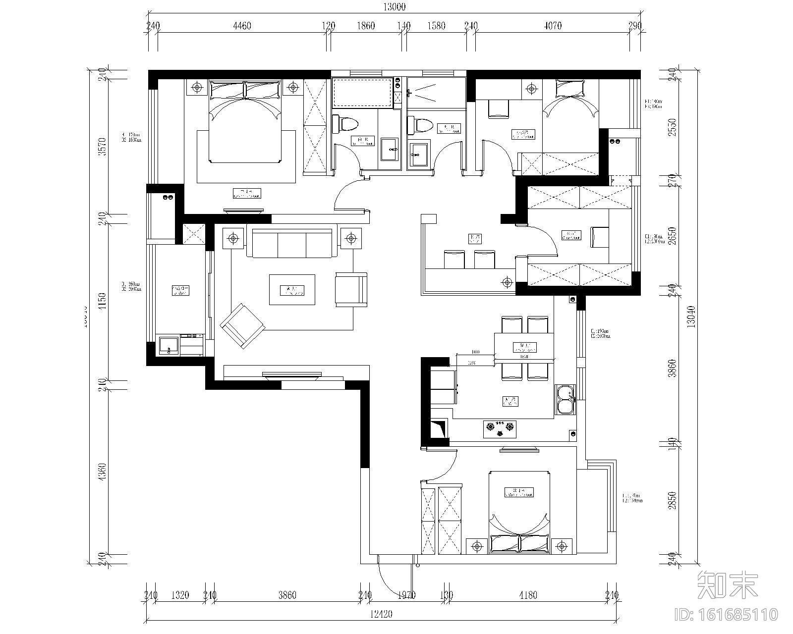 中央华城F3三居室样板房室内装修全套施工图施工图下载【ID:161685110】