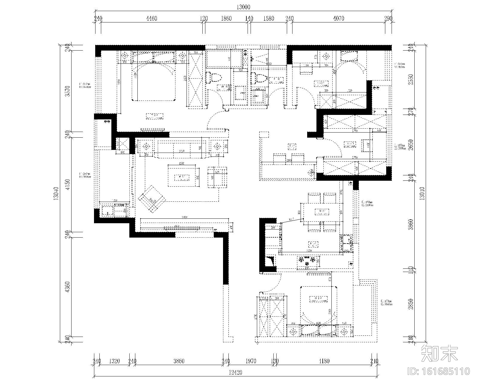 中央华城F3三居室样板房室内装修全套施工图施工图下载【ID:161685110】