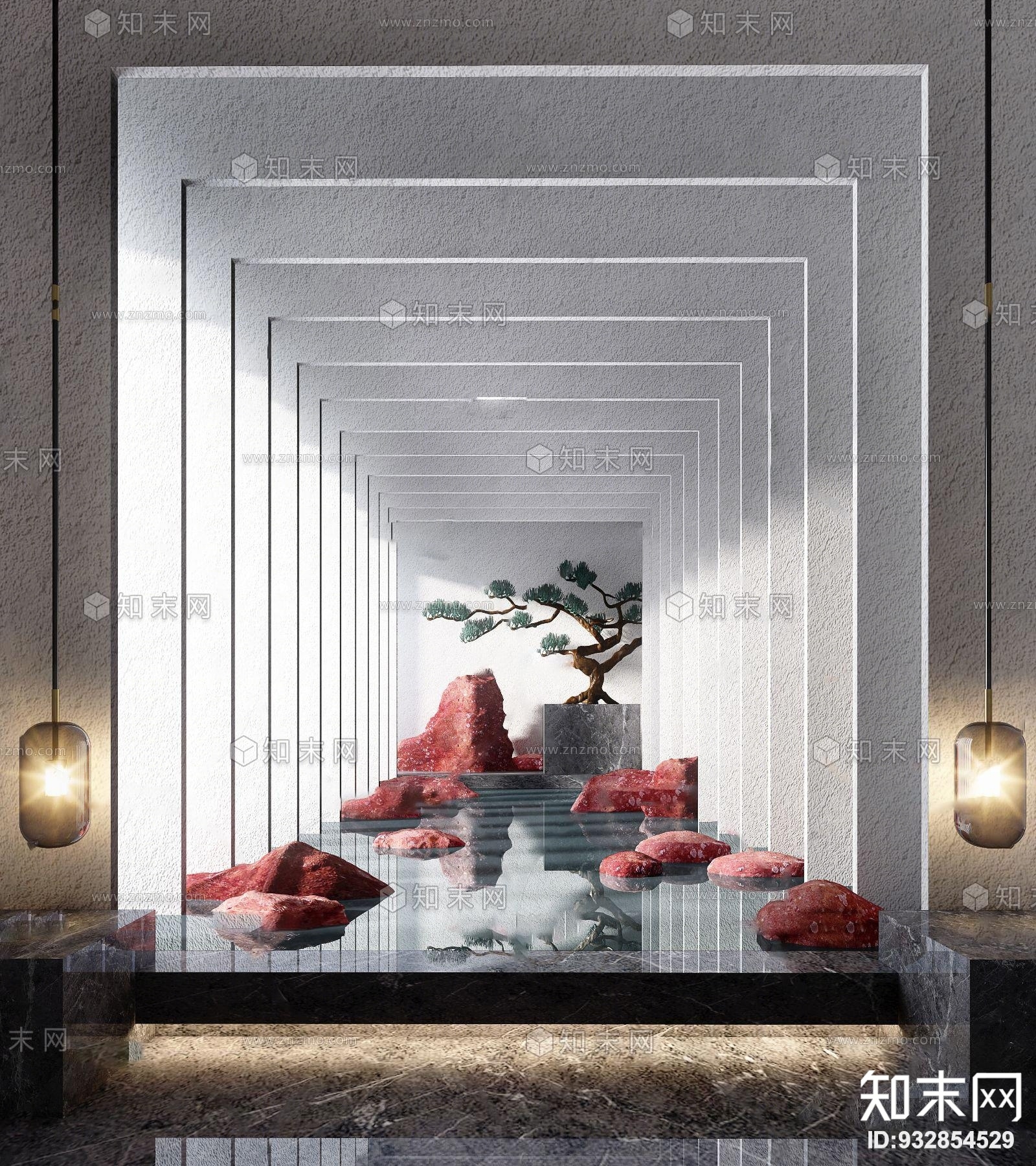 新中式松树水景园艺小品3D模型下载【ID:932854529】