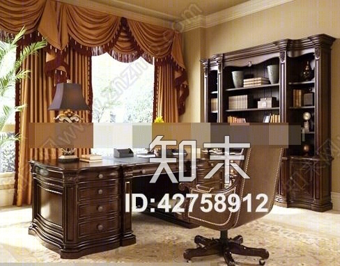 传统美式棕色木艺办公桌椅组合3D模型下载【ID:42758912】