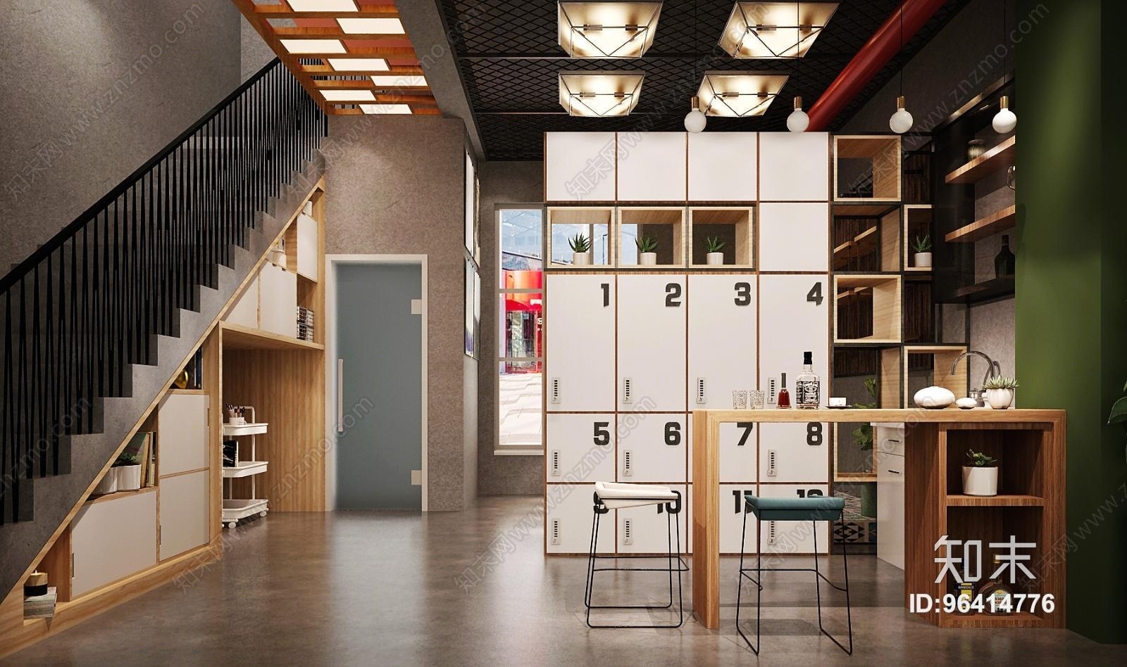 工业风理发店楼梯储物吧台3D模型下载【ID:96414776】