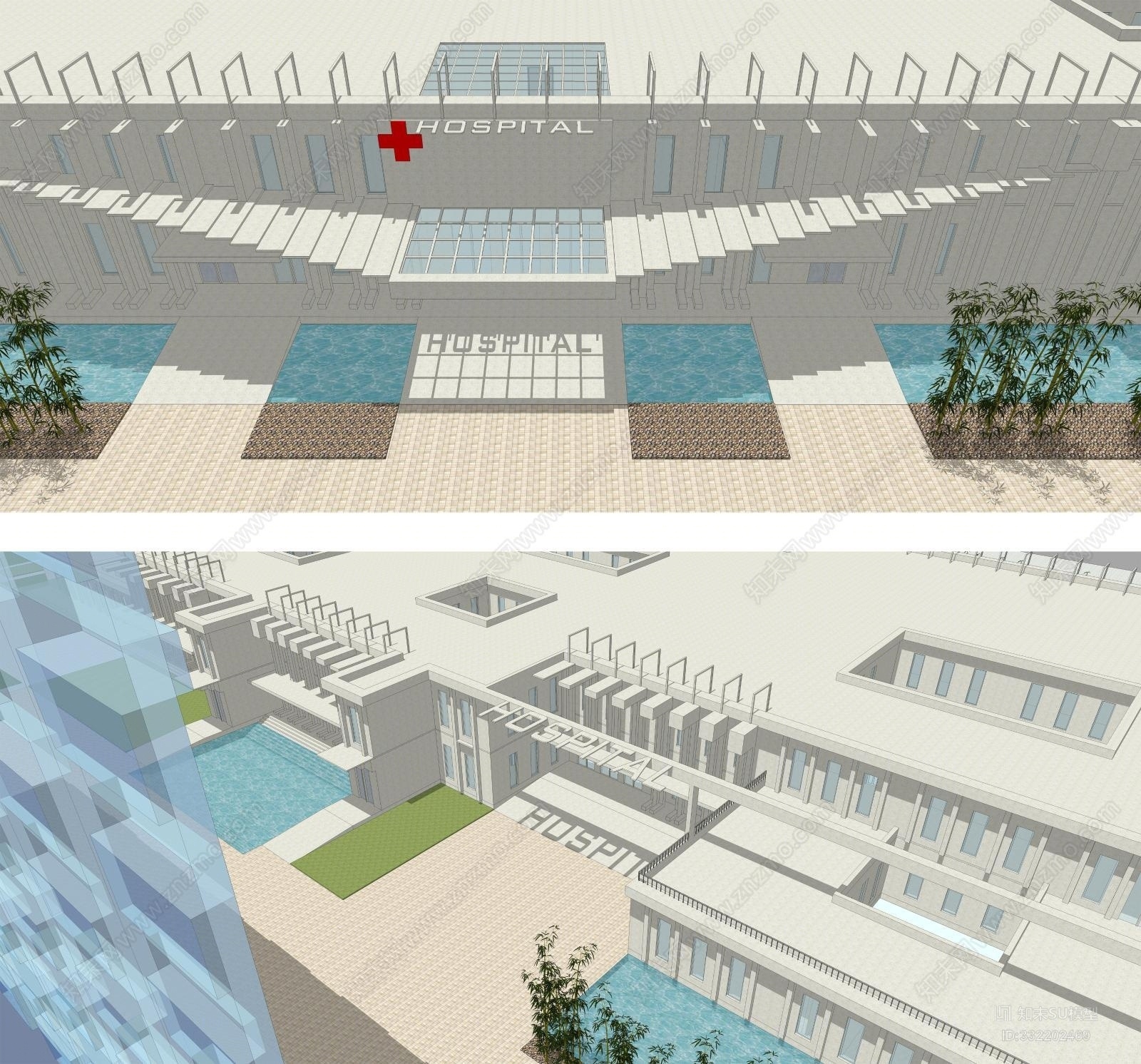 医院整体规划及建筑设计简约现代标志性强立面造型送分析图SU模型下载【ID:332202469】