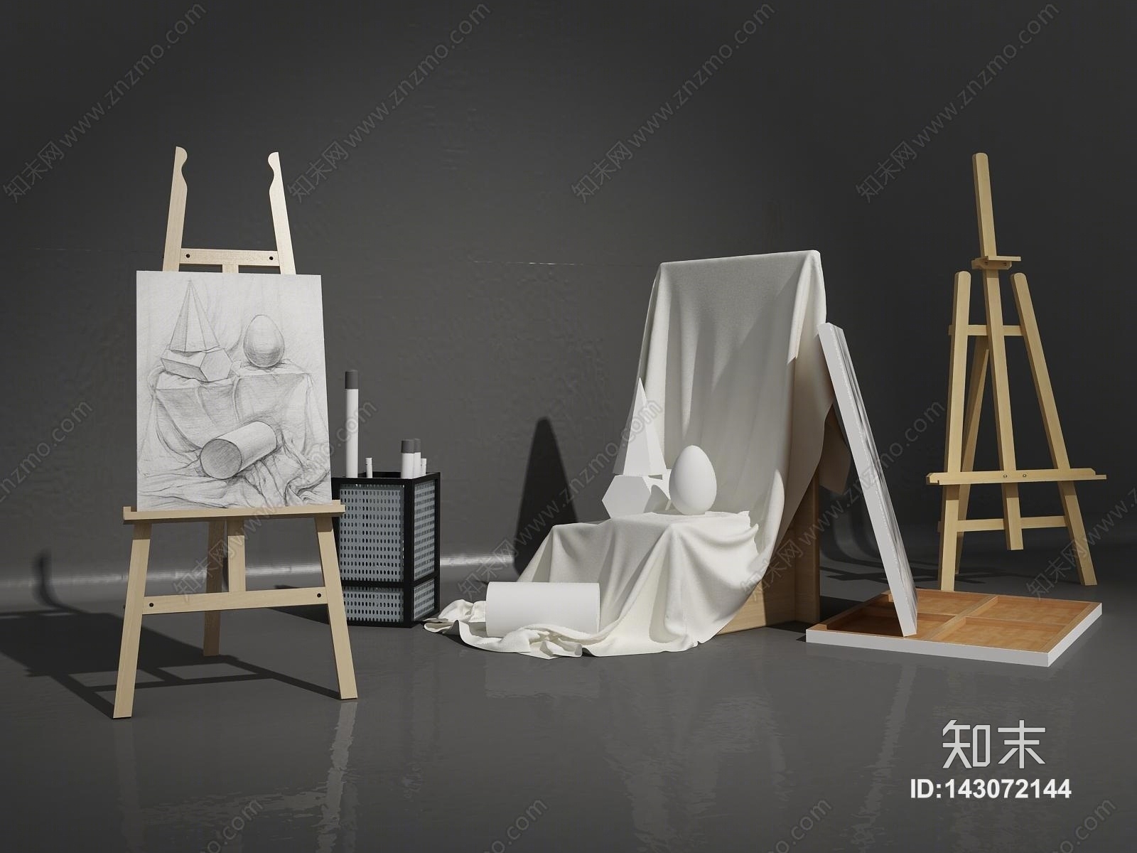 现代美术绘画用品组合3D模型下载【ID:143072144】