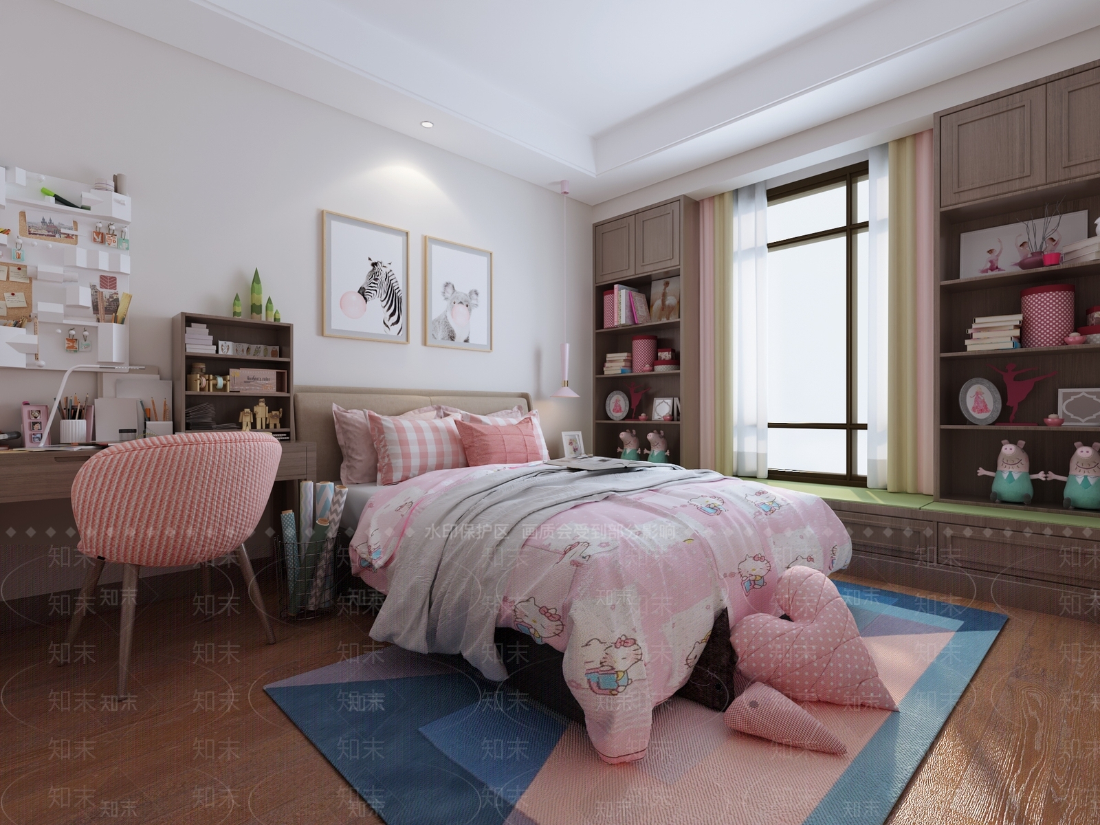 北欧女孩房书桌装饰画椅子地毯3D模型下载【ID:433078673】