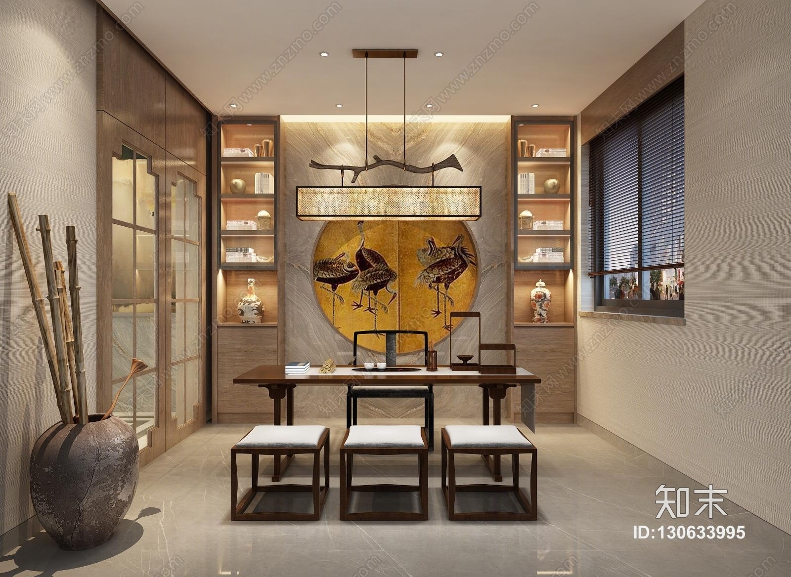 新中式现代茶室书房书桌吊灯3D模型下载【ID:130633995】