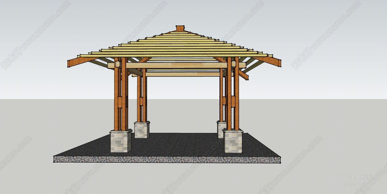 中式防腐木景观亭SU模型下载【ID:443902842】