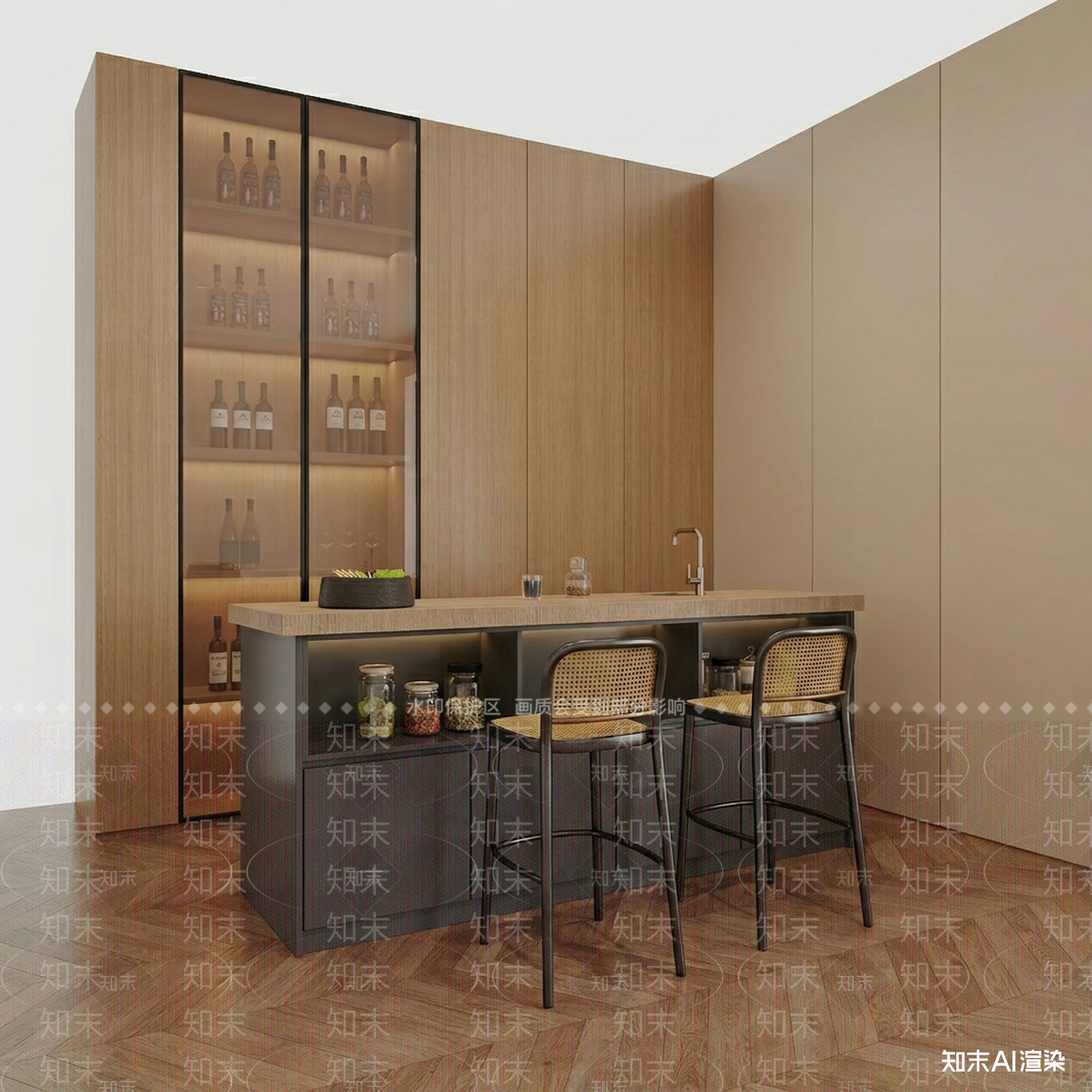 现代岛台餐厅3D模型渲染效果图