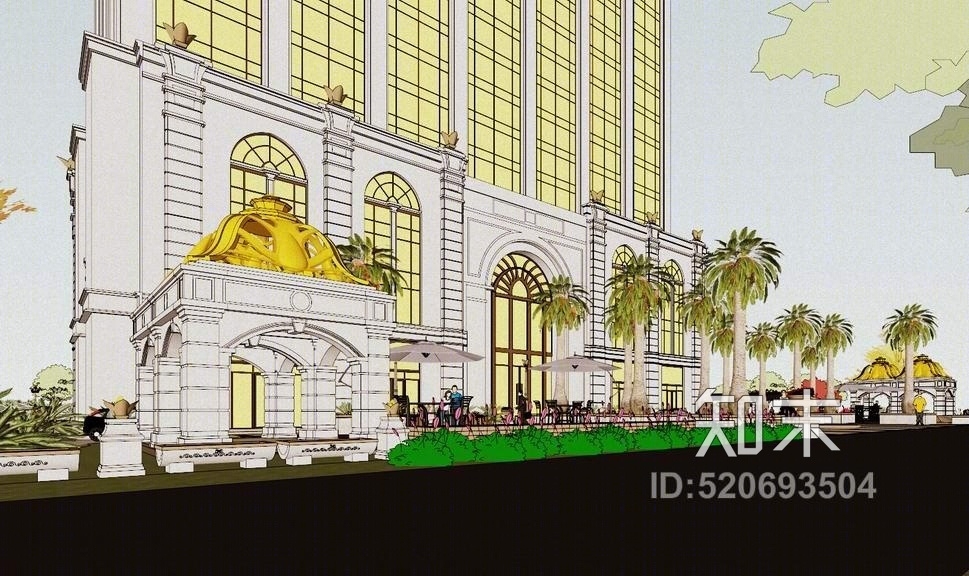 欧式酒店广场景观SU模型下载【ID:520693504】