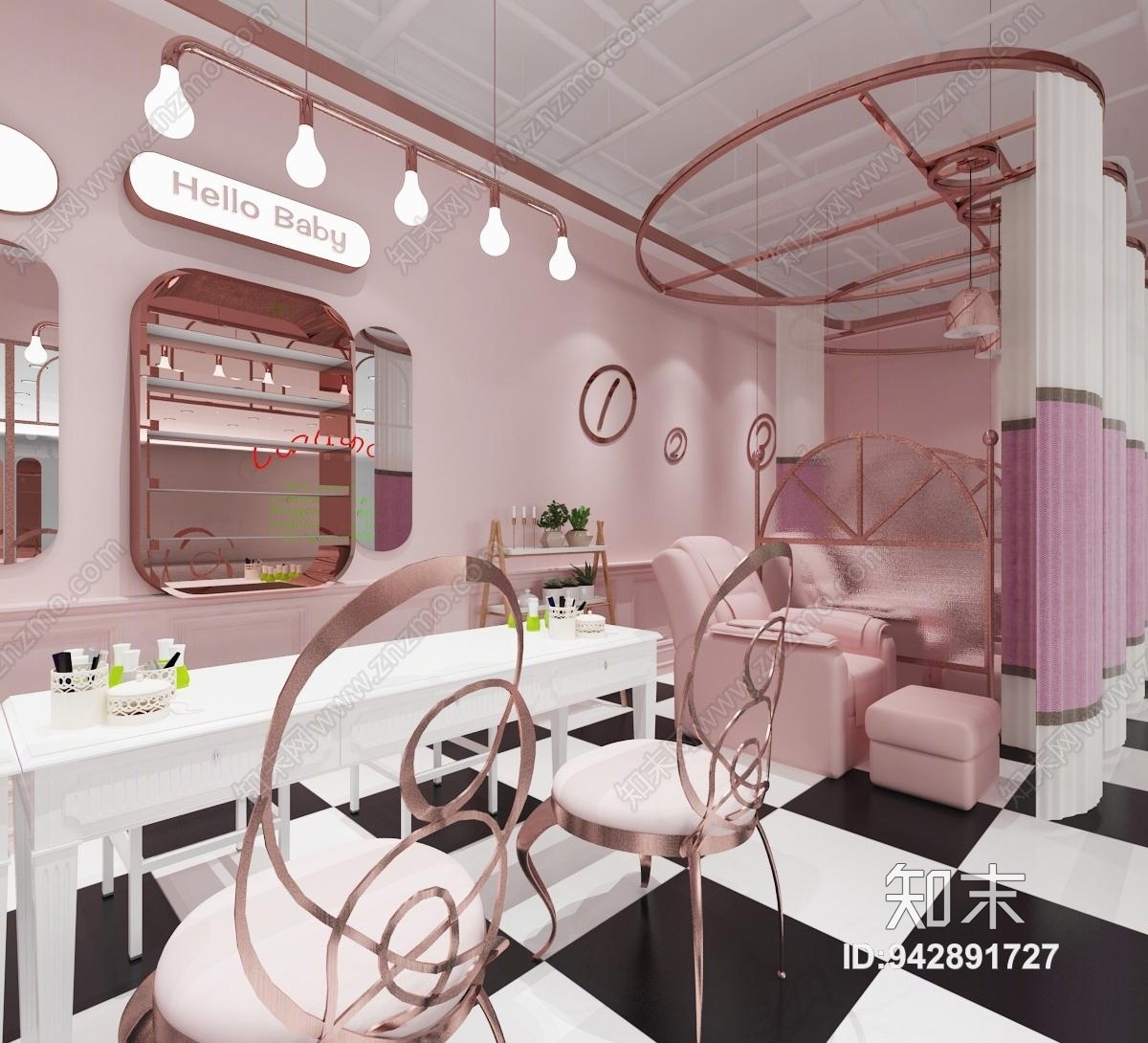 现代粉色轻奢美甲店3D模型下载【ID:942891727】