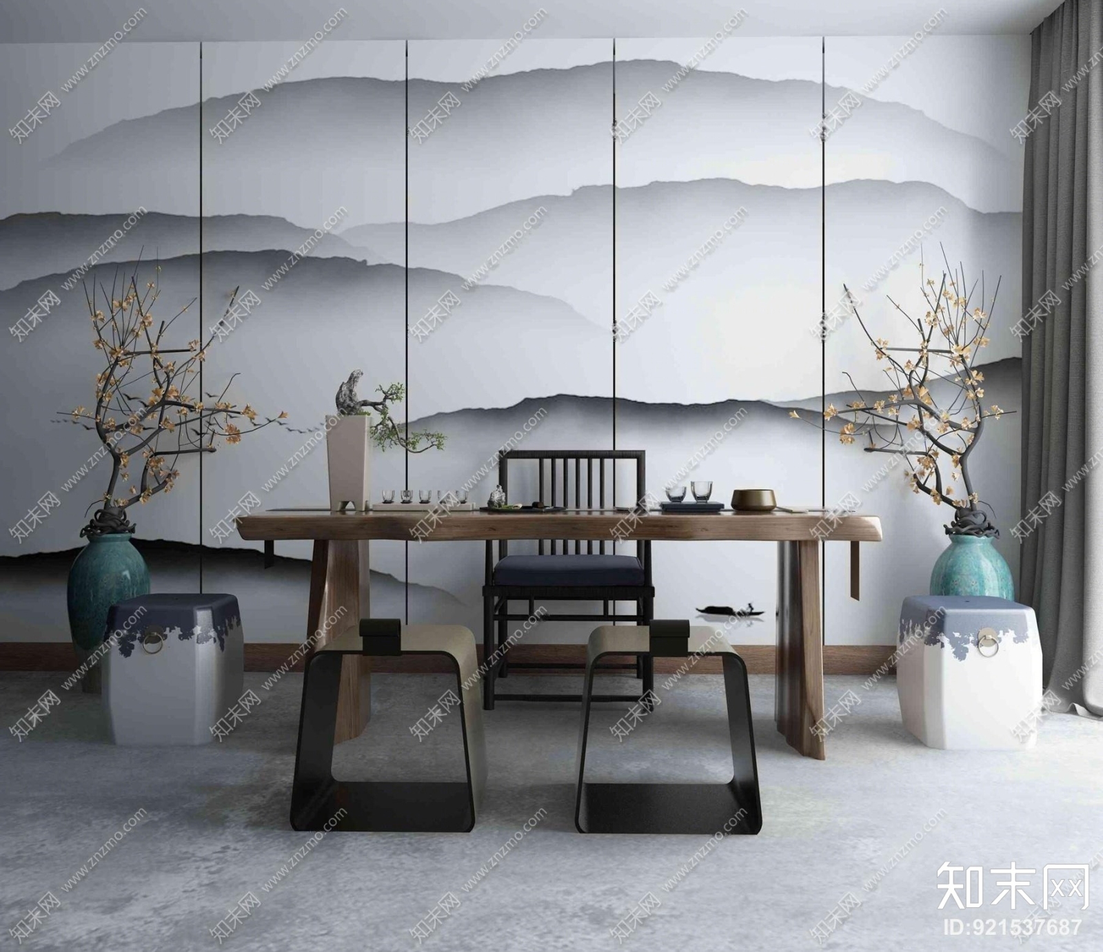 中式实木茶几椅子凳子摆件组合3D模型下载【ID:921537687】