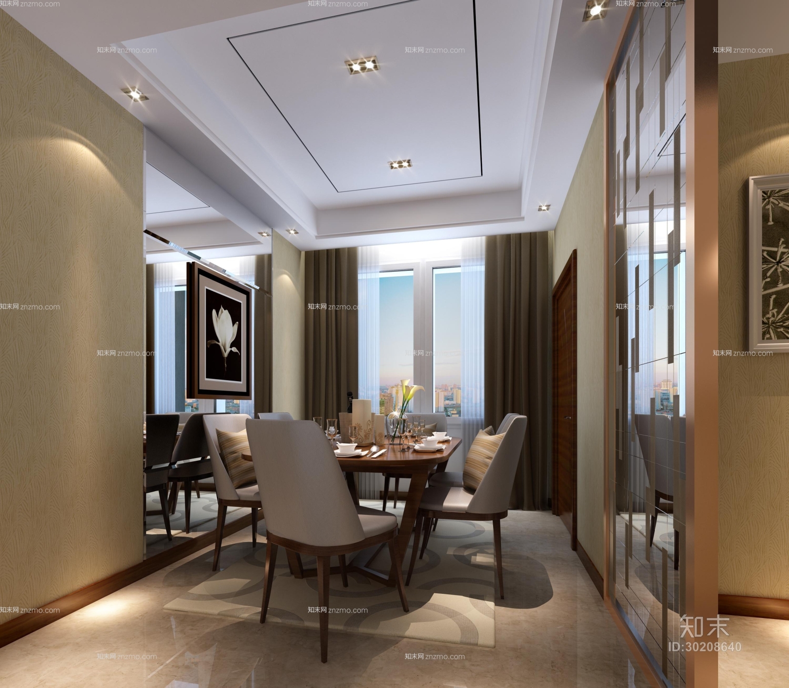 现代木艺餐桌椅组合3D模型下载【ID:30208640】