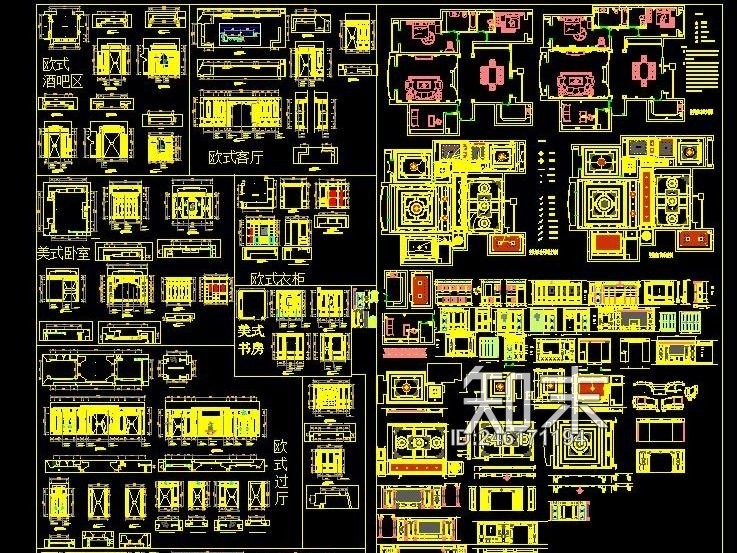 HBA-奢华欧式家装墙板吊顶背景墙cad施工图下载【ID:246171194】