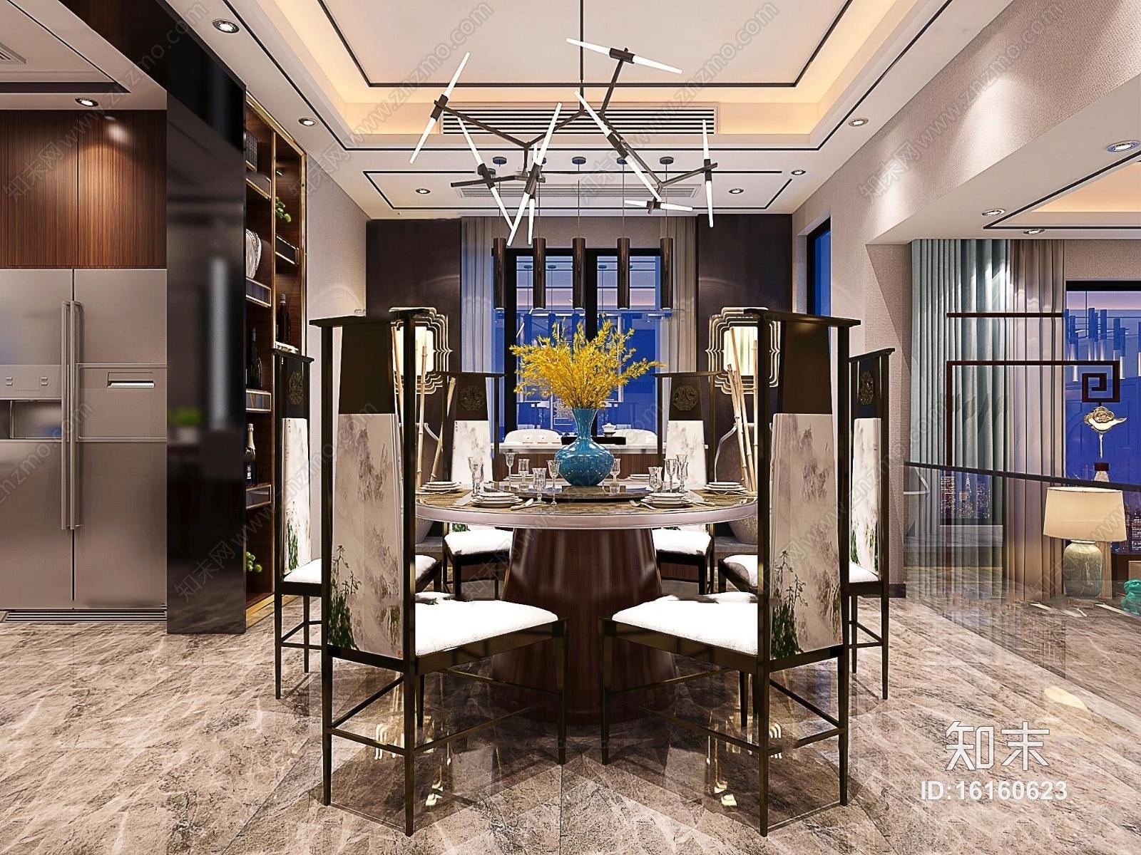 新中式跃式客厅餐厅3D模型下载【ID:16160623】