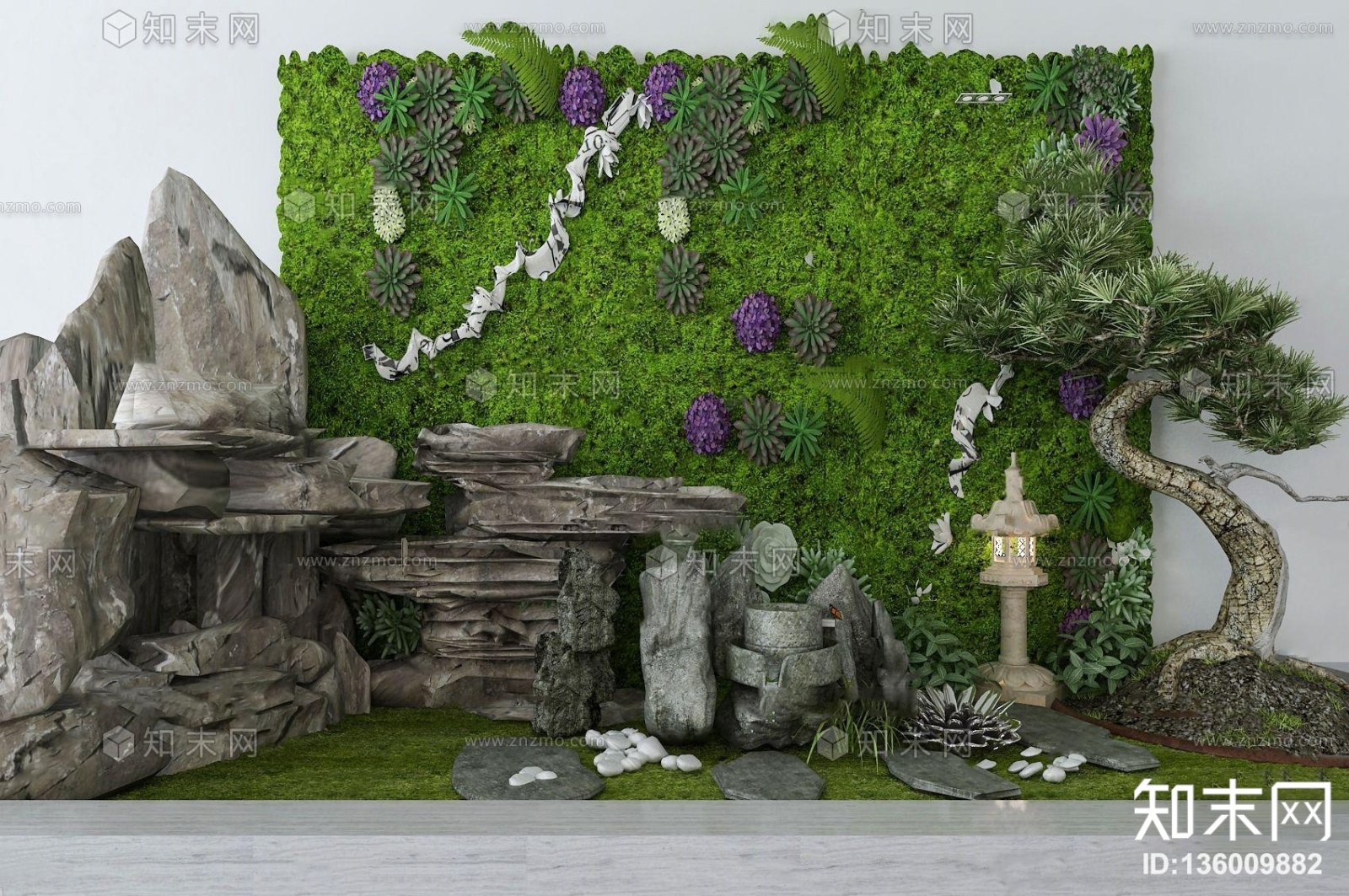 现代假山石头绿植景观小品3D模型下载【ID:136009882】