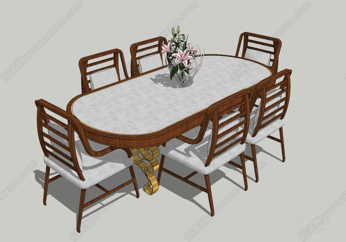 美式长餐桌椅子组合SU模型下载【ID:731314722】