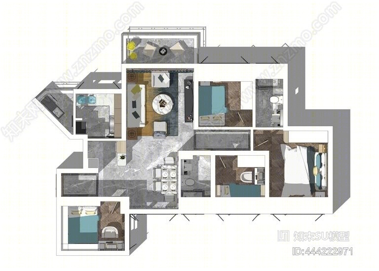现代风格四房两厅室内设计SU模型下载【ID:444222971】